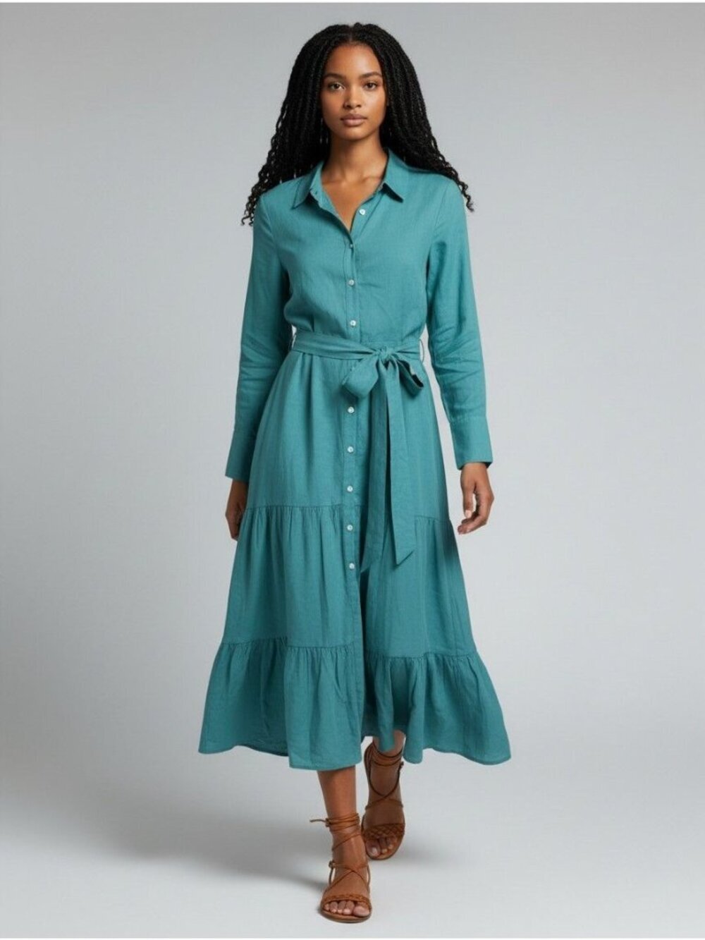 Kobi Halperin Womens Blue Linen Blend Long Sleeve Shirt Dress Size M